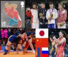 Podio lucha libre 63 kg femenina, Kaori Icho (Japón), Jing Ruixue (China), Batsetseg Soronzobold (Mongolia) y Liubov Volosova (Rusia), Londres 2012