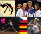 Podio atletismo jabalina femenino, Barbora Špotáková (República Checa), Christina Obergföll y Linda Stahl (Alemania), Londres 2012