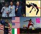 Podio salto triple masculino, Christian Taylor y Will Claye (Estados Unidos), Fabrizio Donato (Italia), Londres 2012
