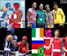 Podio boxeo Welter ligero 57 - 60 kg femenino, Katie Taylor (Irlanda), Sofya Ochigava (Rusia), Mavzuna Chorieva (Tayikistán) y Adriana Araujo (Brasil), Londres 2012
