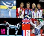 Podio Taekwondo - 57 kg femenino, Jade Jones (Reino Unido), Hou Yuzhuo (China), Marlène Harnois (Francia) y Tseng Li-Cheng ( China Taipei), Londres 2012