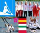 Podio piragüismo en aguas tranquilas K2 500 m, Franziska Weber, Tina Dietze (Alemania), Katalin Kovács, Natasa Janics (Hungría) y Karolina Naja, Beata Mikołajczyk (Polonia), Londres 2012