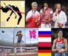 Podio atletismo martillo femenino, Tatiana Lysenko (Rusia), Anita Włodarczyk (Polonia) y Betty Heidler (Alemania), Londres 2012