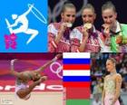 Podio gimnasia rítmica concurso completo individual, Evgenia Kanaeva, Daria Dmitrieva (Rusia) y Liubov Charkashyna (Bielorrusia), Londres 2012