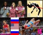 Podio atletismo salto de altura femenino, Anna Chicherova (Rusia), Brigetta Barrett (Estados Unidos) y Svetlana Shkolina (Rusia), Londres 2012