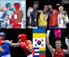 Podio boxeo ligero - 60 kg masculino, Vasyl Lomachenko (Ucrania), Han Soon-Chul (Corea del Sur), Yasniel Toledo (Cuba) y Evaldas Petrauskas (Lituania) - Londres 2012 -