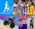 Podio ciclismo de pista ómnium femenino, Laura Trott (Reino Unido), Sarah Hammer (Estados Unidos) y Annette Edmonson (Australia), Londres 2012