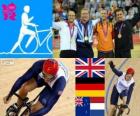 Podio ciclismo de pista Keirin masculino, Chris Hoy (Reino Unido), Maximilian Levy (Alemania), Simon van Velthooven (Nueva Zelanda) y Teun Mulder (Países Bajos), Londres 2012