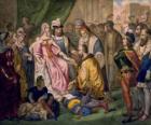 Cristóbal Colón hablando con la reina Isabel I de Castilla, en la corte de los Reyes Católicos