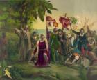 Cristóbal Colón con la espada desenvainada toma posesión de las nuevas tierras