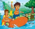 Diego y su madre en un bote hinchable
