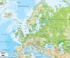 Mapa de Europa. El continente europeo se extiende a través de Rusia hasta los montes Urales