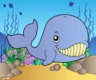 Dibujo de una ballena sonriente en el fondo del mar