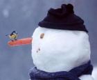 Muñeco de nieve con un pájaro en su nariz
