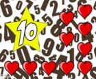 Número 10 dentro de una estrella con diez corazones