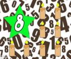 Número 8 dentro de una estrella con ocho velas