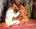 El novio y la novia en la boda hindú siguiendo la tradición