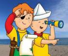 Caillou y Leo jugando a los piratas y buscando el tesoro con el mapa