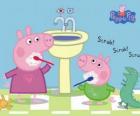 Peppa Pig y George Pig lavándose los dientes