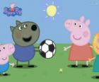 Peppa Pig jugando con el balón con sus amigos