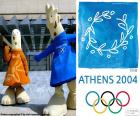 Logo y las mascotas de los Juegos Olímpicos de Atenas 2004, Athenà y Phèvos, donde participaron 10625 atletas de 201 países