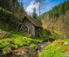 Pequeño molino de madera junto al rió en La Selva Negra, Alemania 