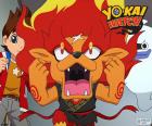 Flamileón es un león ardiente yo-kai con una cicatriz blanca en la frente