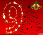 El número nueve con dibujos navideños y un fondo rojo
