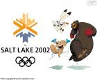 Logo y las mascotas Powder, Copper y Coal de los Juegos Olímpicos de Salt Lake City 2002, Estados Unidos. Donde participaron 2399 atletas de 77 países