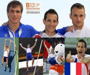 Puzzle de Rénaud Lavillenie campeón en Salto con pértiga, Maxym Masuryk y Przemysław Czerwiński (2º y 3ero) de los Campeonatos de Europa de atletismo Barcelona 2010