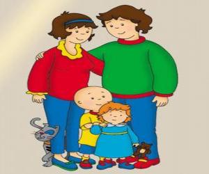 Puzzle de Retrato de la familia de Caillou, su hermana pequeña Rosie, su padre Boris, su madre Doris y el gato Gilbert
