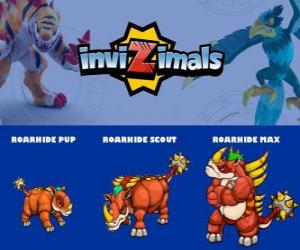 Puzzle de Roarhide en sus tres fases Roarhide Pup, Roarhide Scout y Roarhide Max, de Invizimals