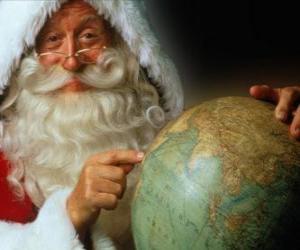 Puzzle de Santa Claus con una bola del mundo