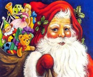 Puzzle de Santa Claus o Papá Noel con el gran saco lleno de juguetes para regalar a los niños por Navidad