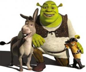 Puzzle de Shrek, el ogro, con sus amigos el Burro y el Gato con Botas