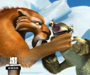 Puzzle de Sid nervioso delante de la presencia amenazadora de Diego, el tigre diente de sable