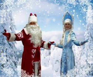 Puzzle de Snegúrochka o la Doncella de Nieve y  Ded Moroz o el Abuelo Frío, personajes tradicionales navideños