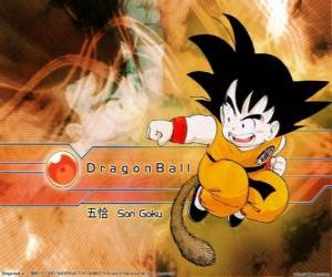 Puzzle de Son Goku, es un niño saiyajin que ha crecido en las montañas aprendiendo artes marciales de su abuelo y que tiene una peculiaridad: su cola.