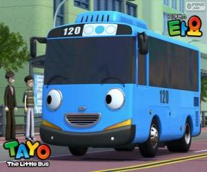 Puzzle de TAYO un autobús de color azul alegre y optimista