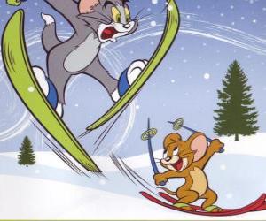 Puzzle de Tom y Jerry en la nieve con los esquíes