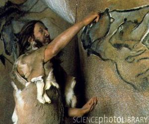 Puzzle de Un artista prehistorico realizando una pintura rupestre representando un búfalo en la pared de una cueva mientras un dinosaurio lo observa desde el exterior de la caverna
